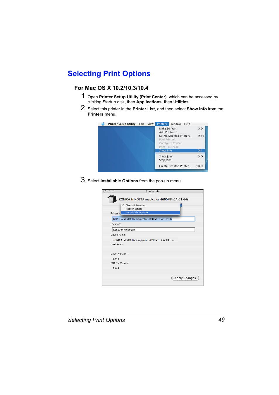 Selecting print options, For mac os x 10.2/10.3/10.4, Selecting print options 49 | For mac os x 10.2/10.3/10.4 49 | Konica Minolta magicolor 4690MF User Manual | Page 65 / 312