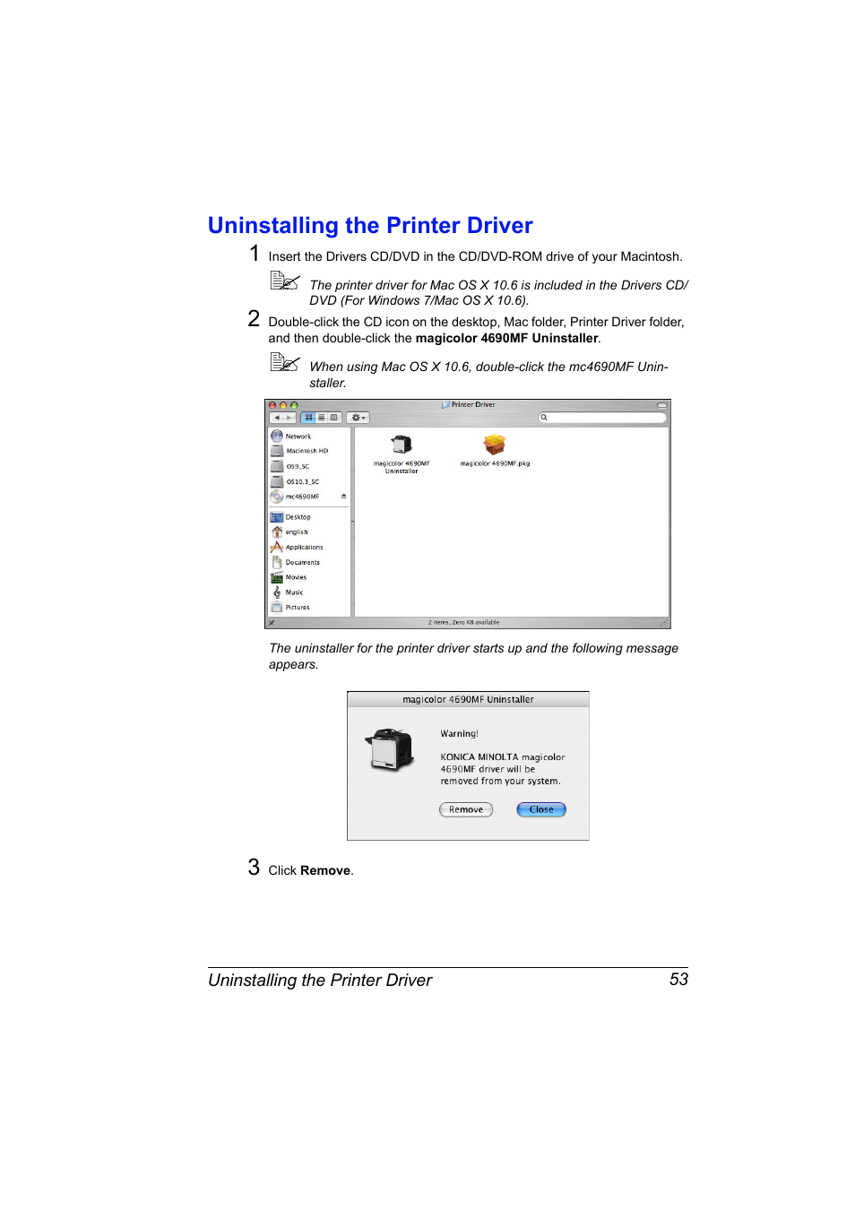 Uninstalling the printer driver, Uninstalling the printer driver 53, Uninstalling the printer driver 1 | Konica Minolta magicolor 4690MF User Manual | Page 69 / 312