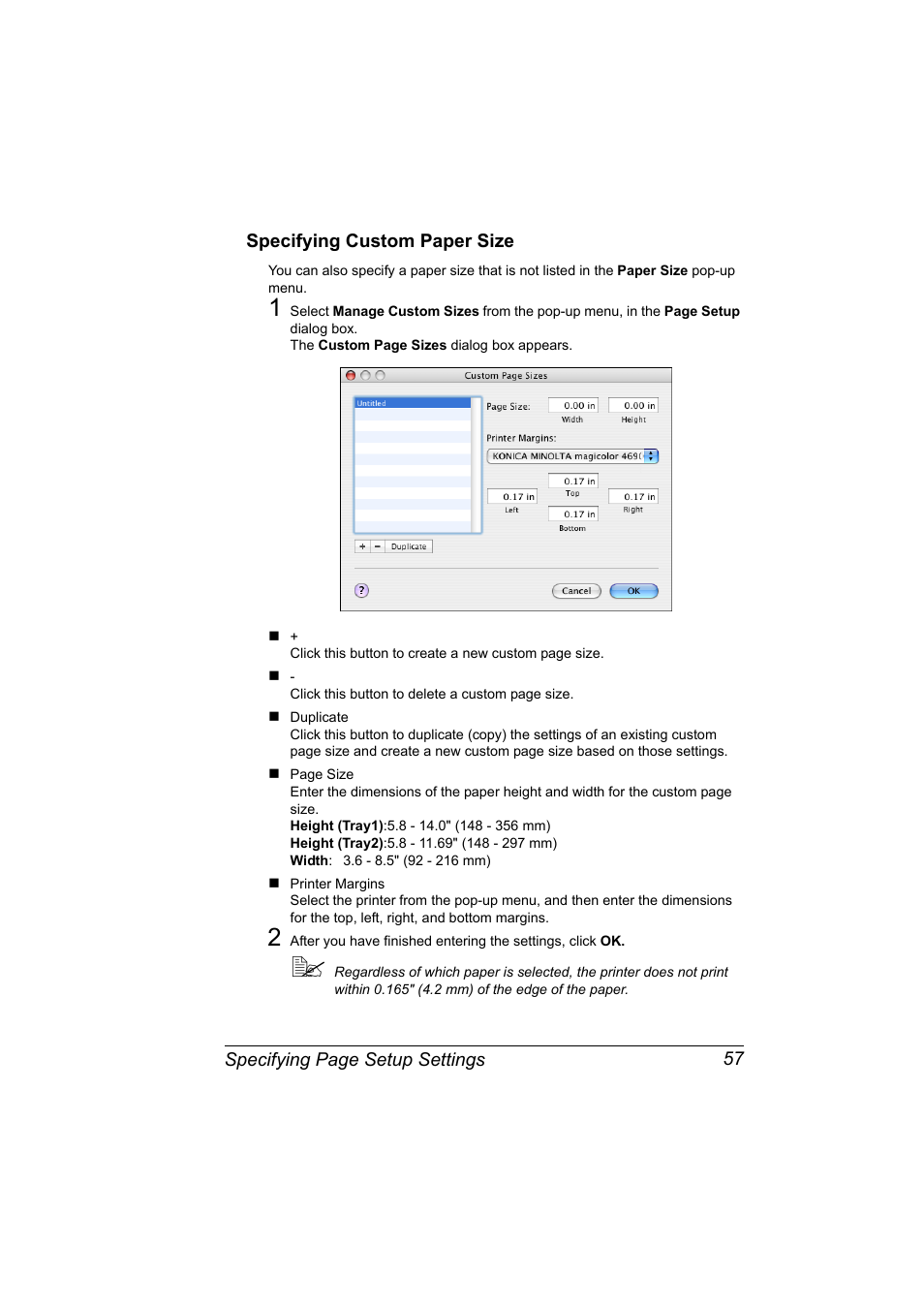 Specifying custom paper size, Specifying custom paper size 57 | Konica Minolta magicolor 4690MF User Manual | Page 73 / 312