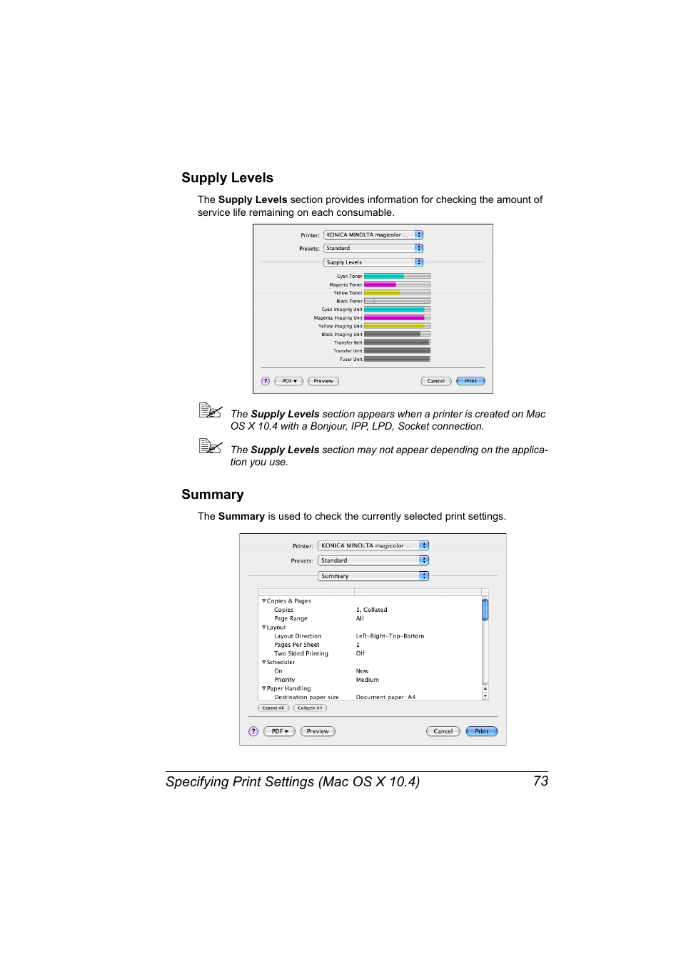 Supply levels, Summary, Supply levels 73 summary 73 | Konica Minolta magicolor 4690MF User Manual | Page 89 / 312