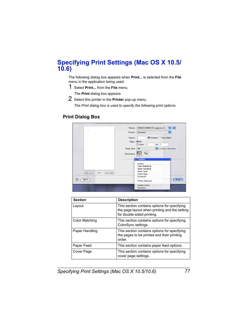 Specifying print settings (mac os x 10.5/ 10.6), Print dialog box, Specifying print settings (mac os x 10.5/10.6) 77 | Print dialog box 77 | Konica Minolta magicolor 4690MF User Manual | Page 93 / 312