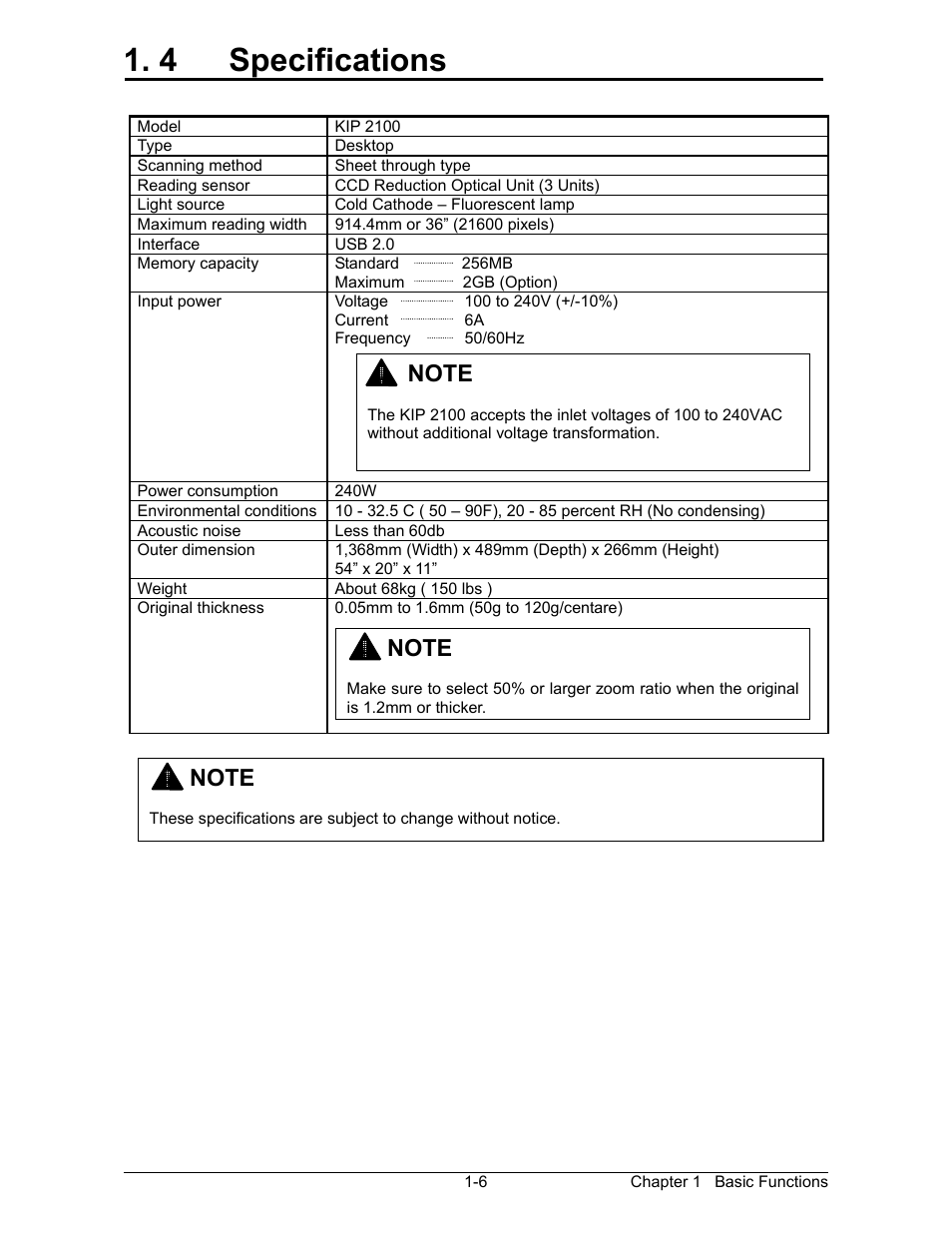 4 specifications | Konica Minolta KIP 2100 Scanner User Manual | Page 11 / 153
