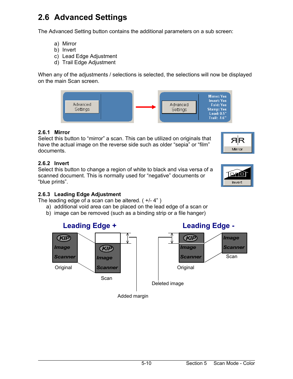 6 advanced settings, Leading edge + leading edge | Konica Minolta KIP 2100 Scanner User Manual | Page 110 / 153