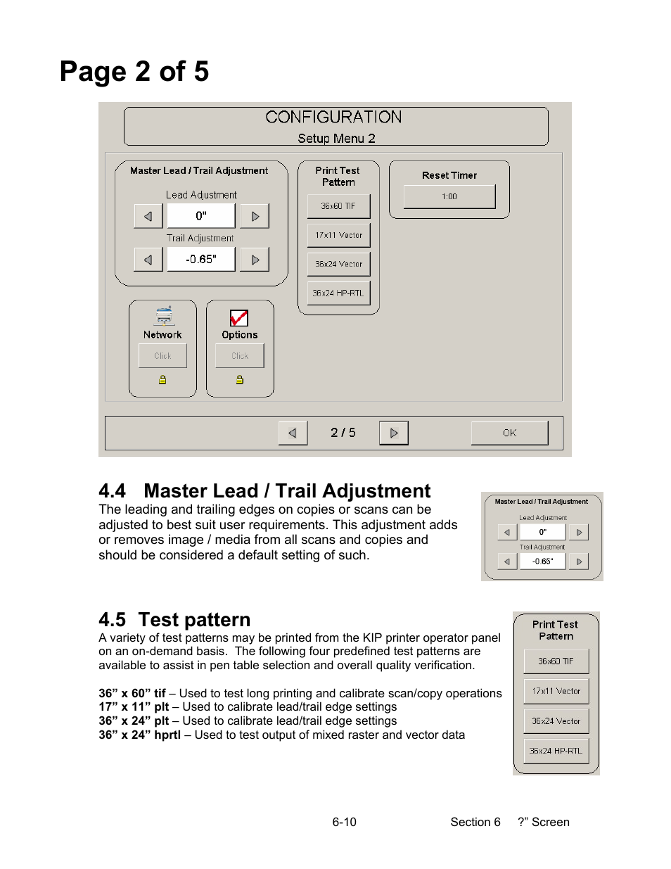 Page 2 of 5, 4 master lead / trail adjustment, 5 test pattern | Konica Minolta KIP 2100 Scanner User Manual | Page 130 / 153