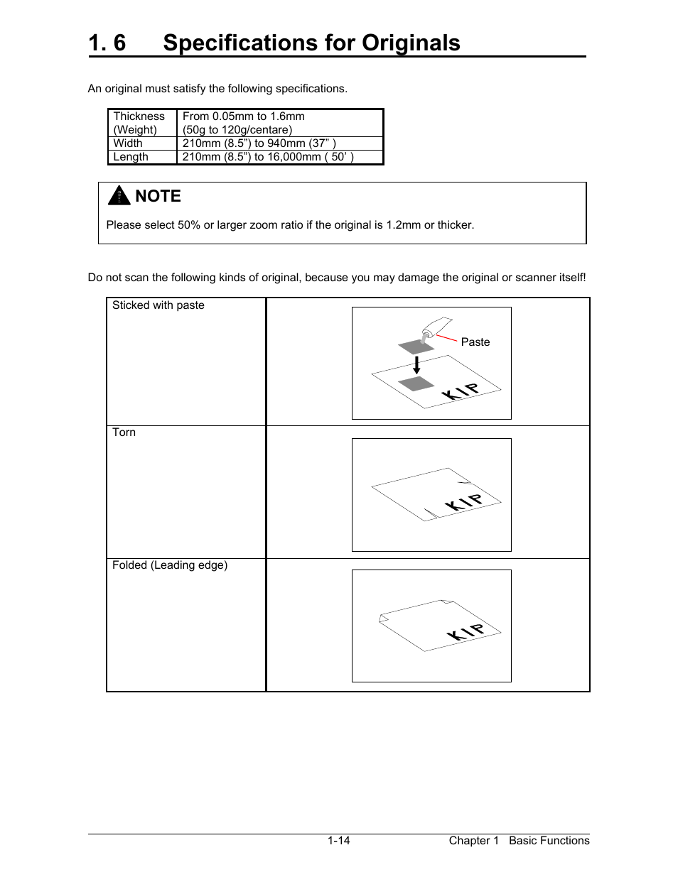 6 specifications for originals | Konica Minolta KIP 2100 Scanner User Manual | Page 19 / 153