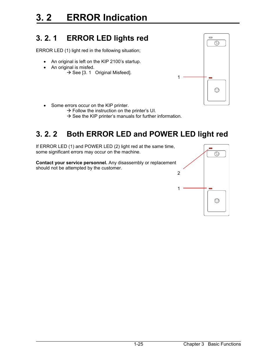 2 error indication, 2. 1 error led lights red, 2. 2 both error led and power led light red | Konica Minolta KIP 2100 Scanner User Manual | Page 23 / 153