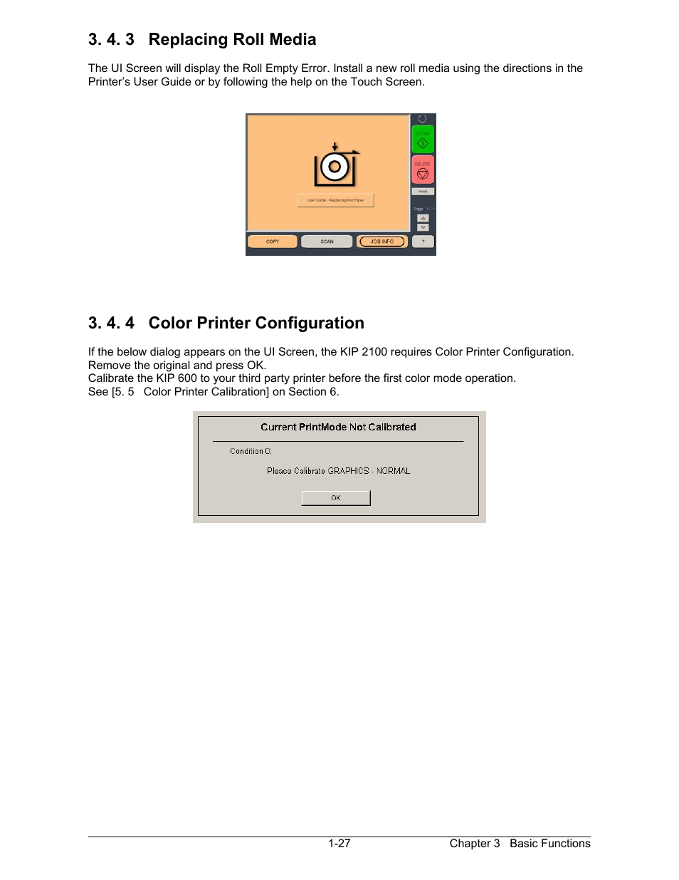 4. 3 replacing roll media, 4. 4 color printer configuration | Konica Minolta KIP 2100 Scanner User Manual | Page 25 / 153
