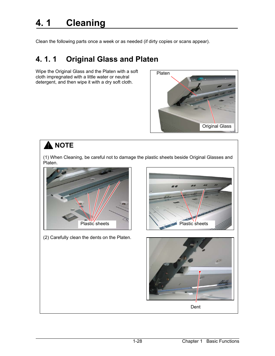1 cleaning, 1. 1 original glass and platen | Konica Minolta KIP 2100 Scanner User Manual | Page 26 / 153