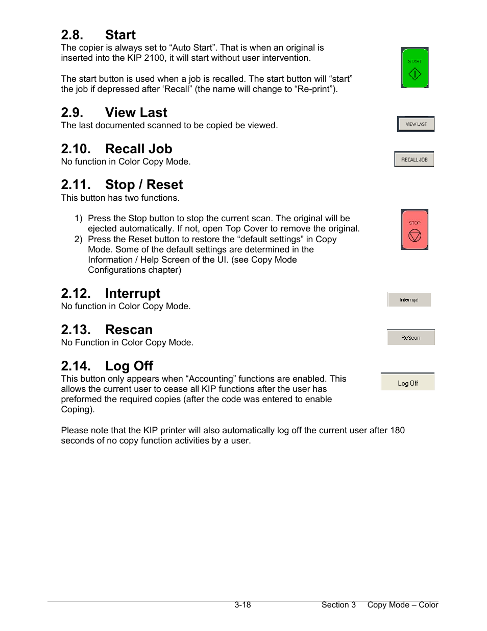 Start, View last, Recall job | Stop / reset, Interrupt, Rescan, Log off | Konica Minolta KIP 2100 Scanner User Manual | Page 74 / 153