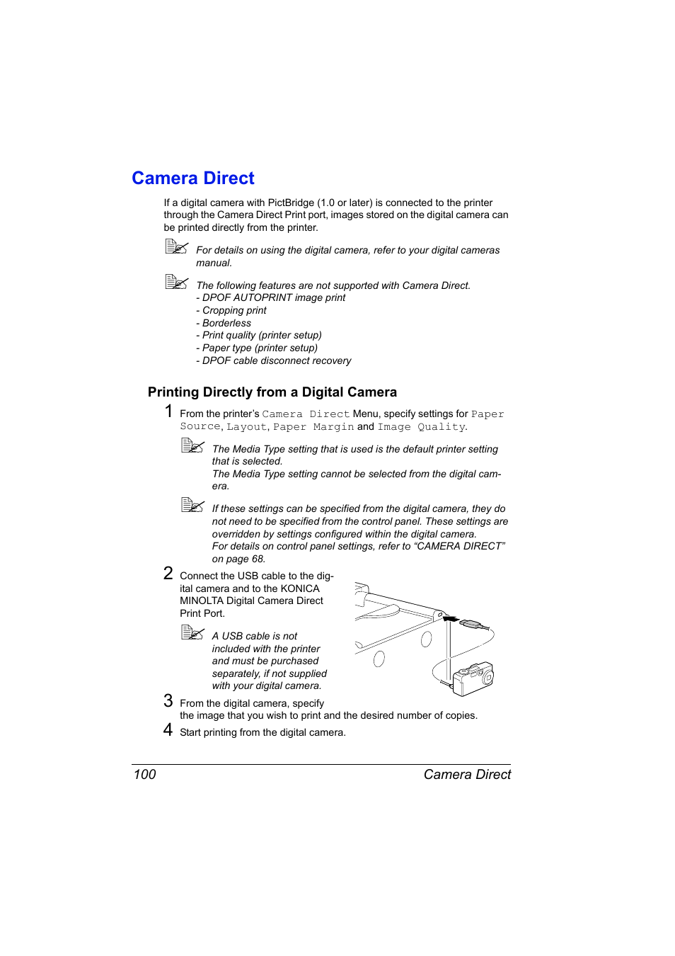 Camera direct, Printing directly from a digital camera, Camera direct 100 | Printing directly from a digital camera 100 | Konica Minolta bizhub C31P User Manual | Page 114 / 282