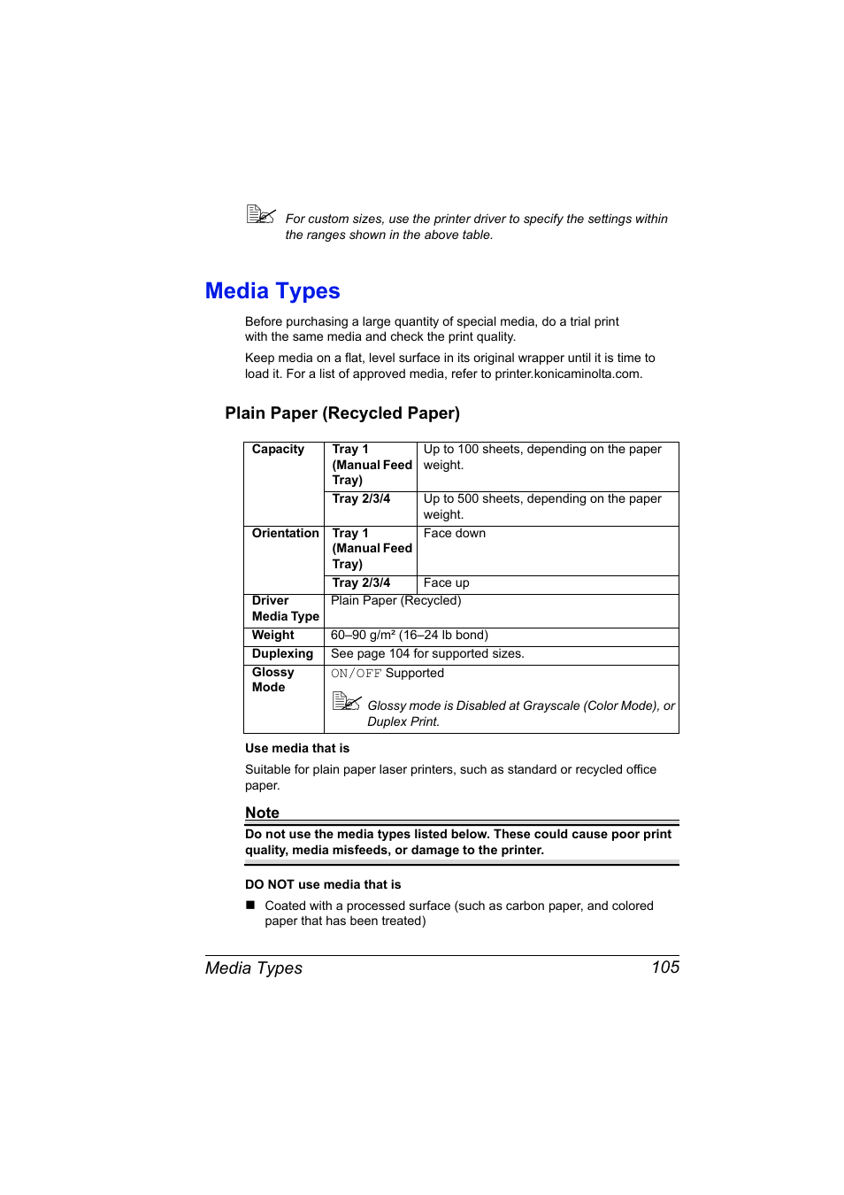 Media types, Plain paper (recycled paper), Media types 105 | Plain paper (recycled paper) 105 | Konica Minolta bizhub C31P User Manual | Page 119 / 282