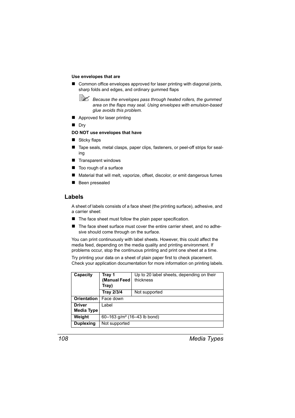 Labels, Labels 108, Media types 108 | Konica Minolta bizhub C31P User Manual | Page 122 / 282