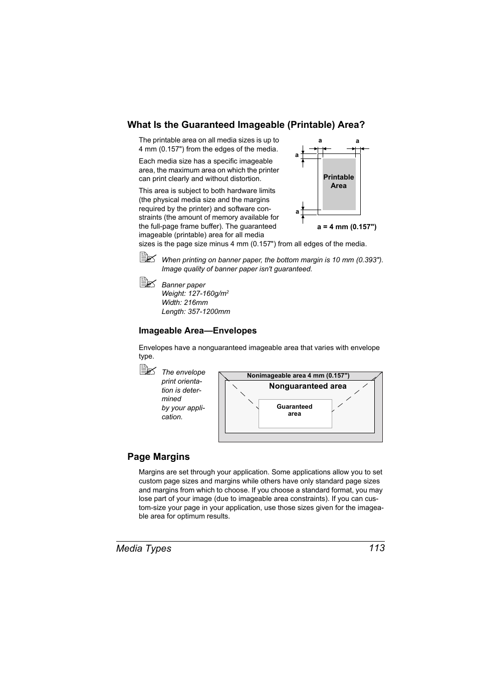 What is the guaranteed imageable (printable) area, Imageable area-envelopes, Imageable area—envelopes 113 | Konica Minolta bizhub C31P User Manual | Page 127 / 282