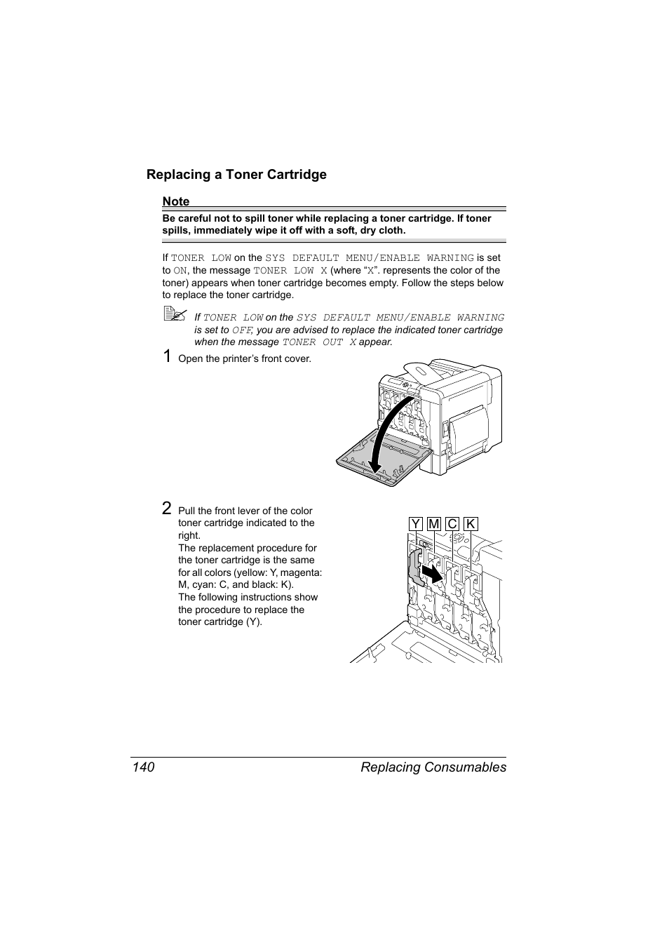 Replacing a toner cartridge, Replacing a toner cartridge 140 | Konica Minolta bizhub C31P User Manual | Page 154 / 282