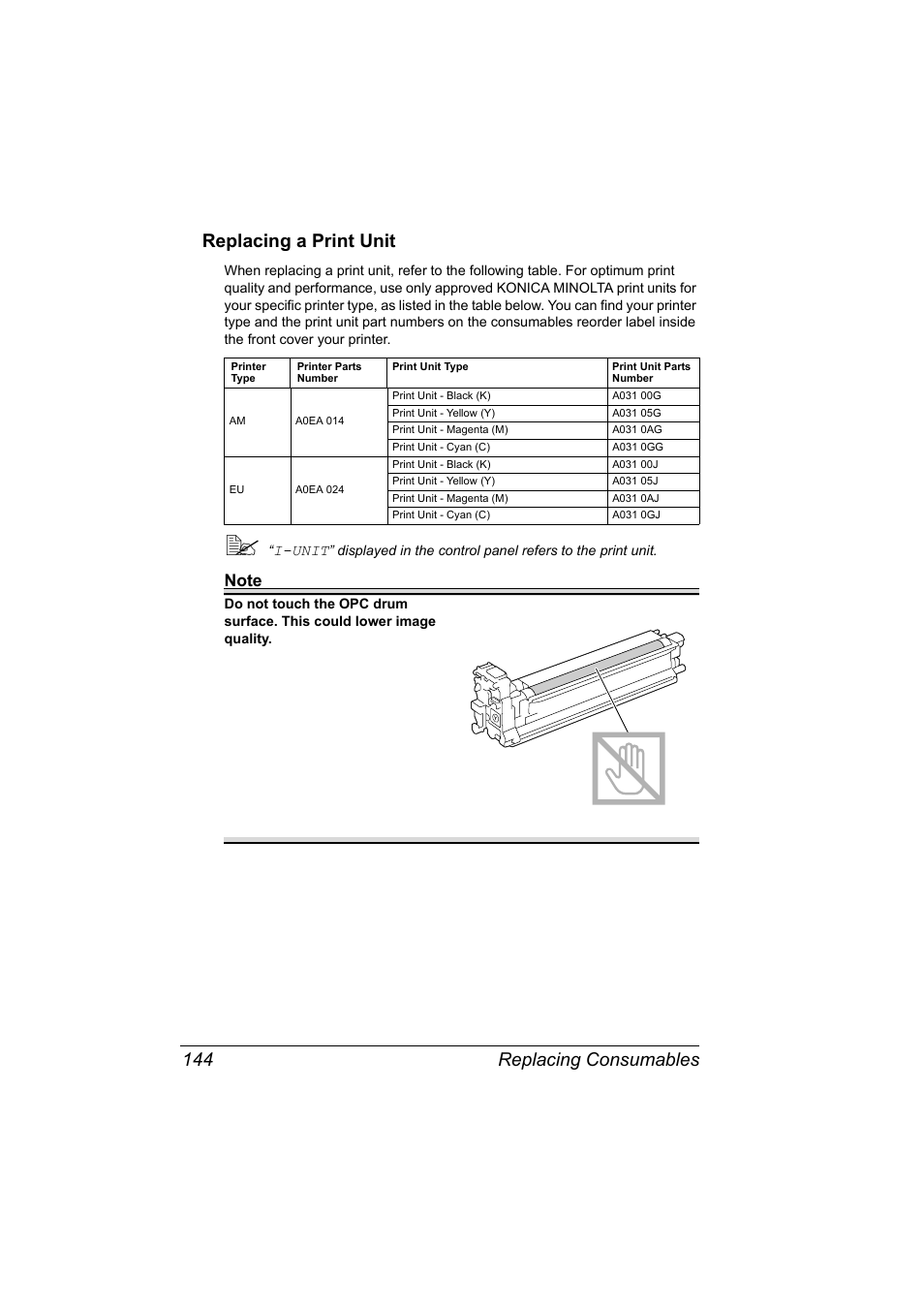 Replacing a print unit, Replacing a print unit 144, Replacing consumables 144 replacing a print unit | Konica Minolta bizhub C31P User Manual | Page 158 / 282