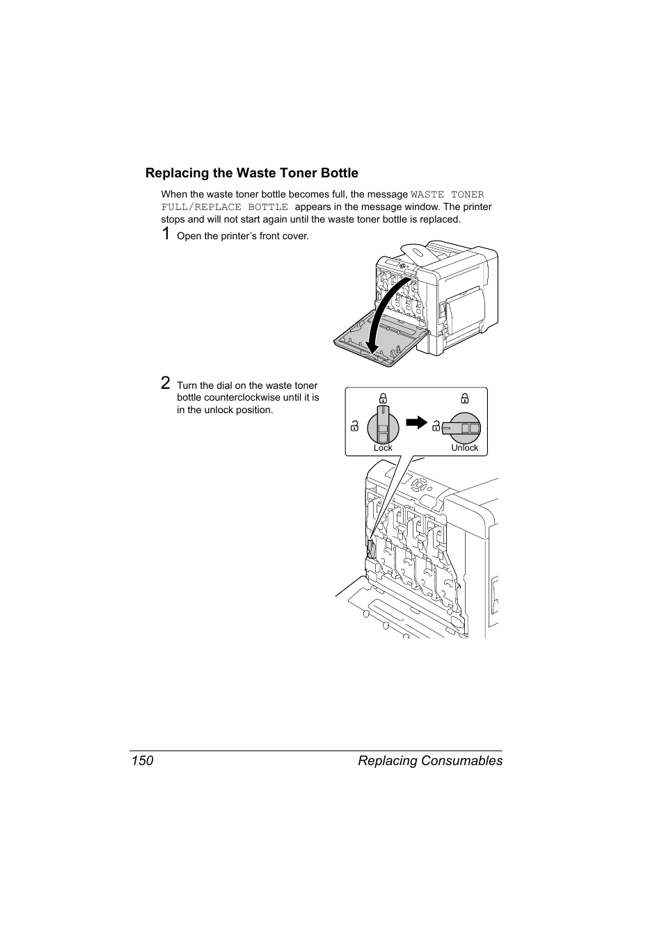 Replacing the waste toner bottle, Replacing the waste toner bottle 150 | Konica Minolta bizhub C31P User Manual | Page 164 / 282