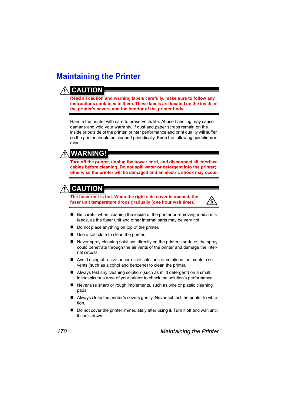 Maintaining the printer, Maintaining the printer 170, Caution | Warning | Konica Minolta bizhub C31P User Manual | Page 184 / 282