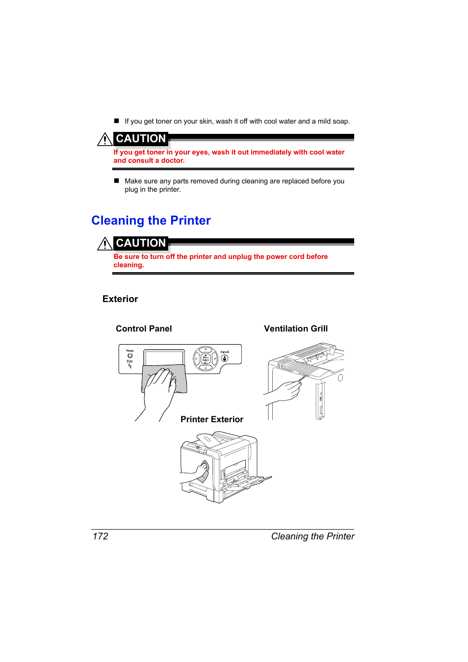 Cleaning the printer, Exterior, Cleaning the printer 172 | Exterior 172, Caution | Konica Minolta bizhub C31P User Manual | Page 186 / 282