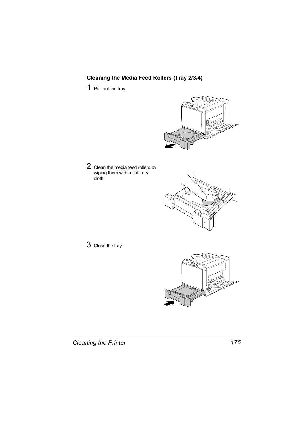 Cleaning the media feed rollers (tray 2/3/4), Cleaning the media feed rollers (tray 2/3/4) 175 | Konica Minolta bizhub C31P User Manual | Page 189 / 282