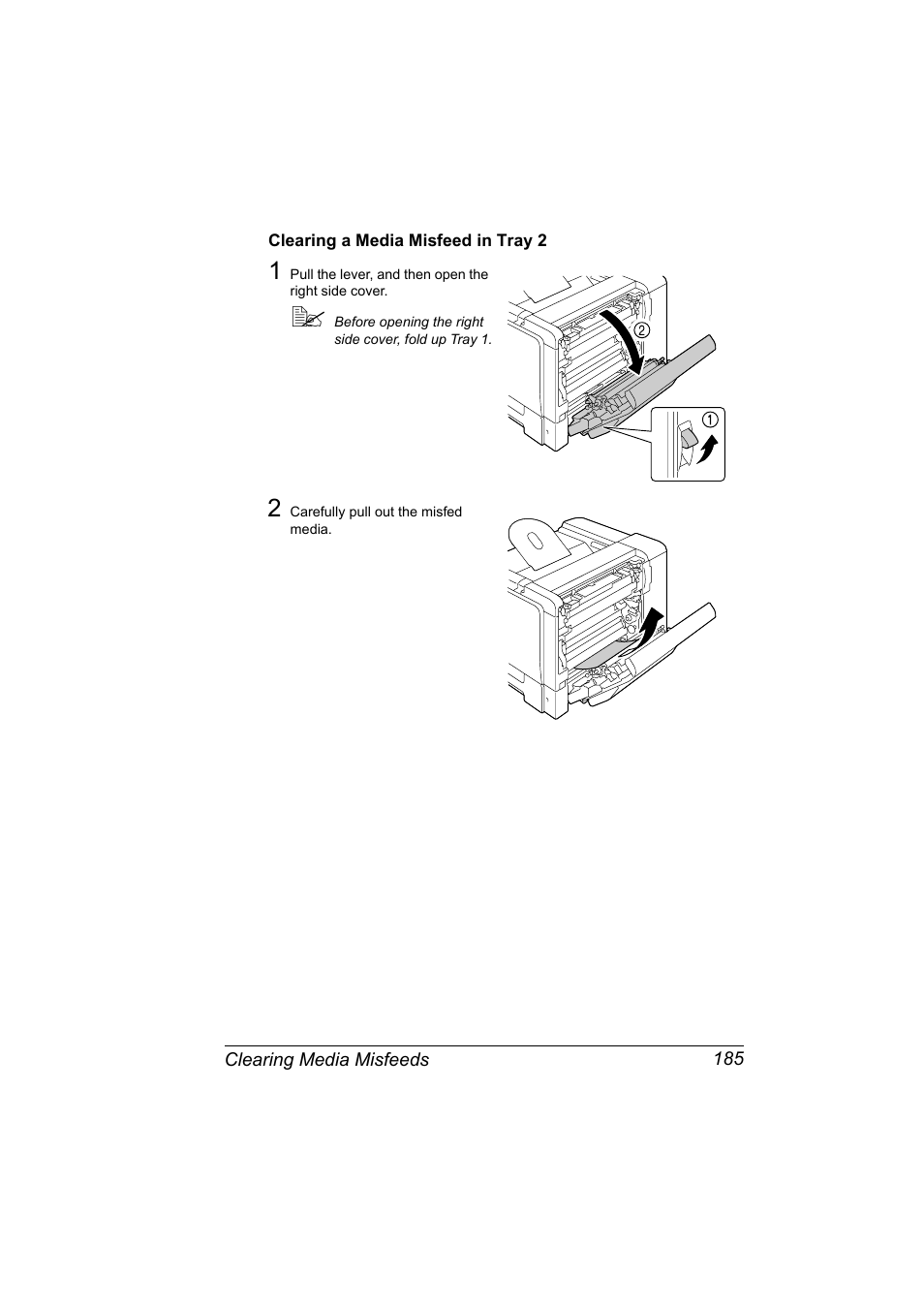 Clearing a media misfeed in tray 2, Clearing a media misfeed in tray 2 185 | Konica Minolta bizhub C31P User Manual | Page 199 / 282