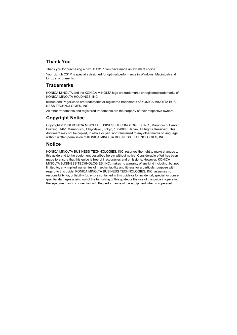 Trademarks, Copyright notice, Notice | Konica Minolta bizhub C31P User Manual | Page 2 / 282