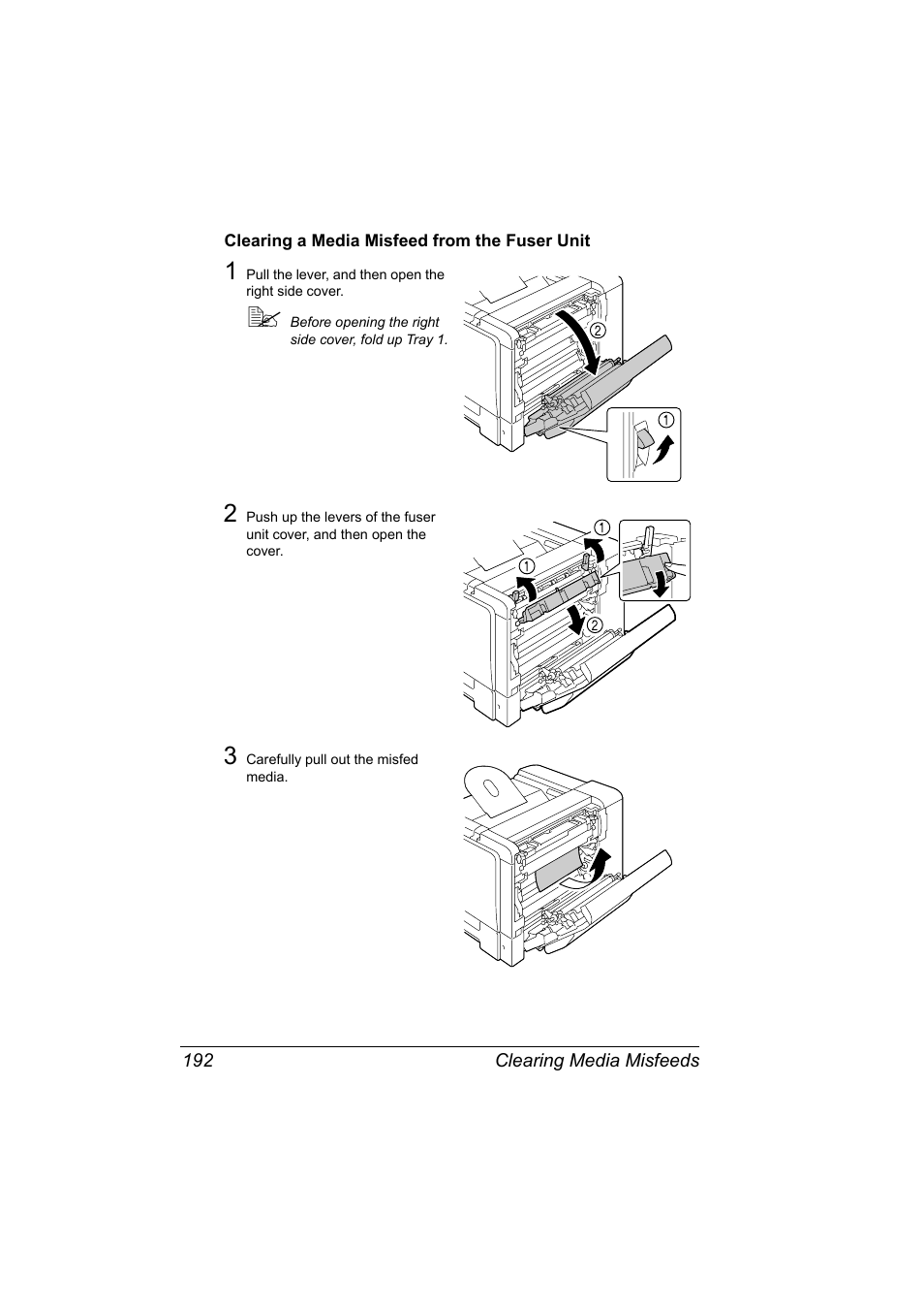 Clearing a media misfeed from the fuser unit, Clearing a media misfeed from the fuser unit 192 | Konica Minolta bizhub C31P User Manual | Page 206 / 282