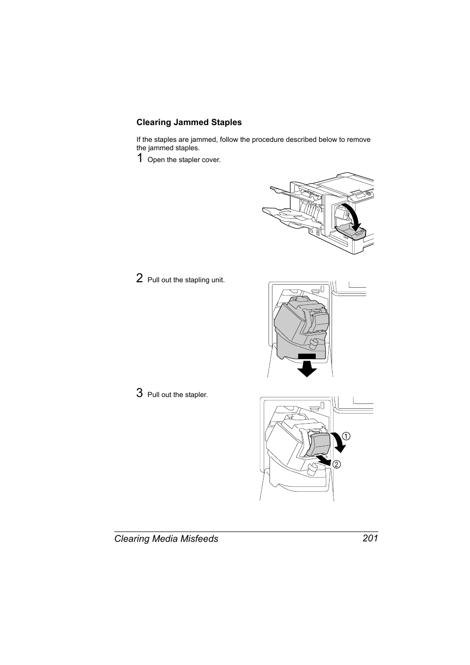 Clearing jammed staples, Clearing jammed staples 201 | Konica Minolta bizhub C31P User Manual | Page 215 / 282