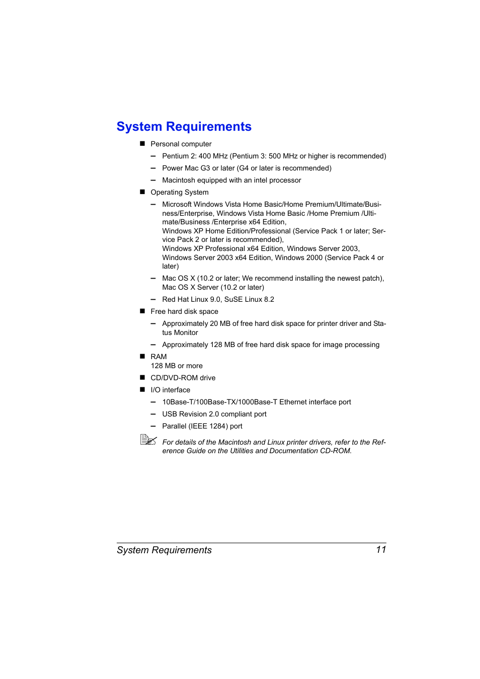 System requirements, System requirements 11 | Konica Minolta bizhub C31P User Manual | Page 25 / 282