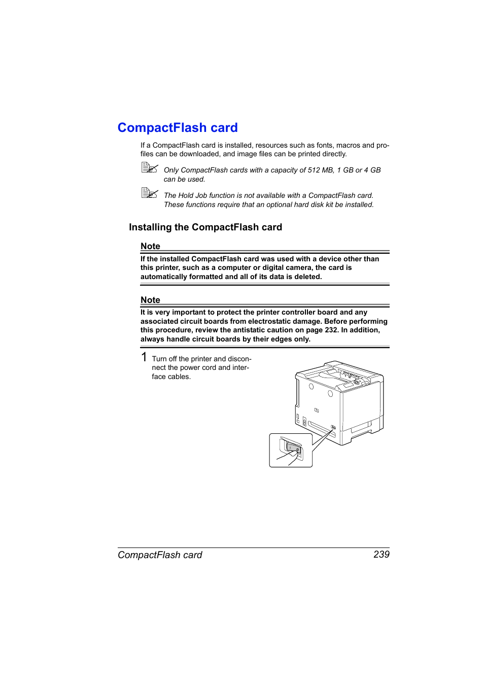 Compactflash card, Installing the compactflash card, Compactflash card 239 | Installing the compactflash card 239 | Konica Minolta bizhub C31P User Manual | Page 253 / 282