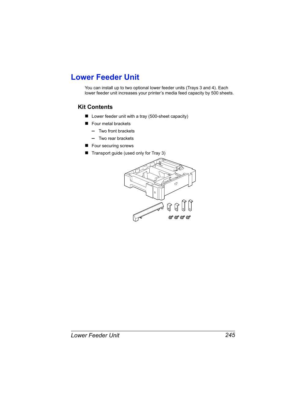 Lower feeder unit, Kit contents, Lower feeder unit 245 | Kit contents 245 | Konica Minolta bizhub C31P User Manual | Page 259 / 282