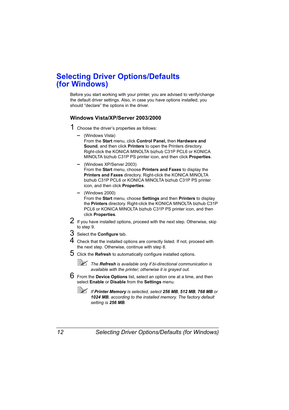 Selecting driver options/defaults (for windows), Windows vista/xp/server 2003/2000, Selecting driver options/defaults (for windows) 12 | Windows vista/xp/server 2003/2000 12 | Konica Minolta bizhub C31P User Manual | Page 26 / 282