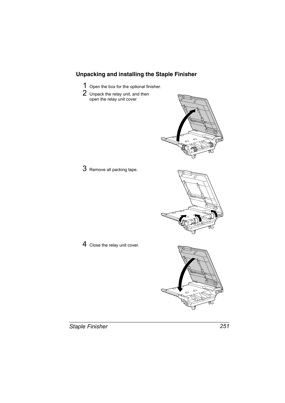 Unpacking and installing the staple finisher, Unpacking and installing the staple finisher 251 | Konica Minolta bizhub C31P User Manual | Page 265 / 282