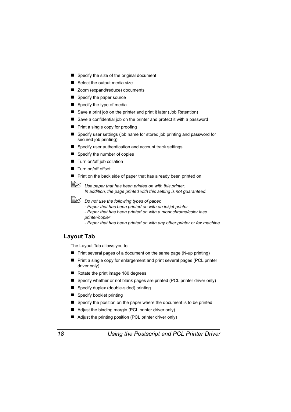 Layout tab, Layout tab 18, Using the postscript and pcl printer driver 18 | Konica Minolta bizhub C31P User Manual | Page 32 / 282