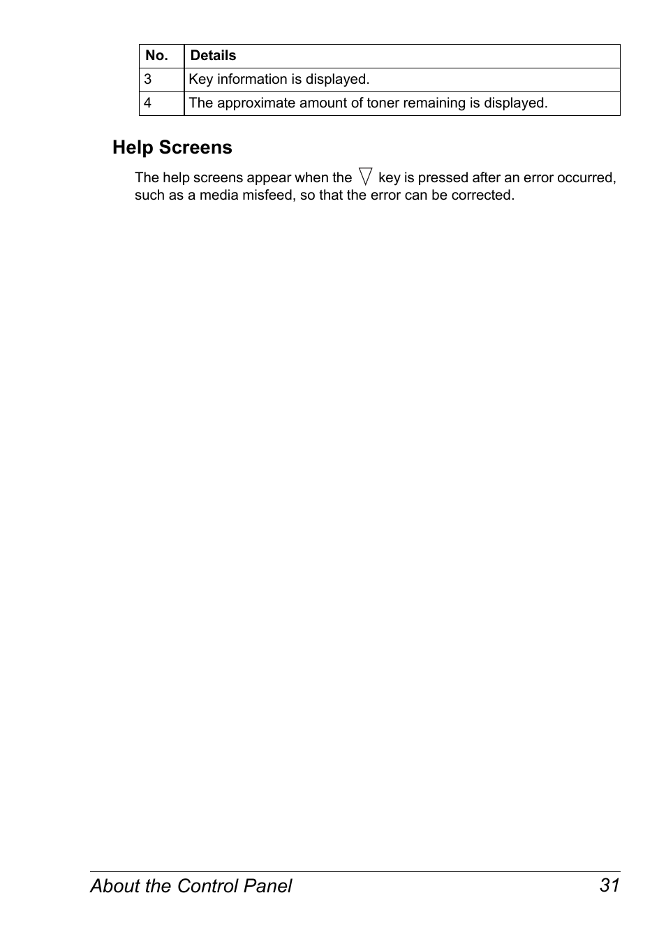 Help screens, Help screens 31, About the control panel 31 help screens | Konica Minolta bizhub C31P User Manual | Page 45 / 282