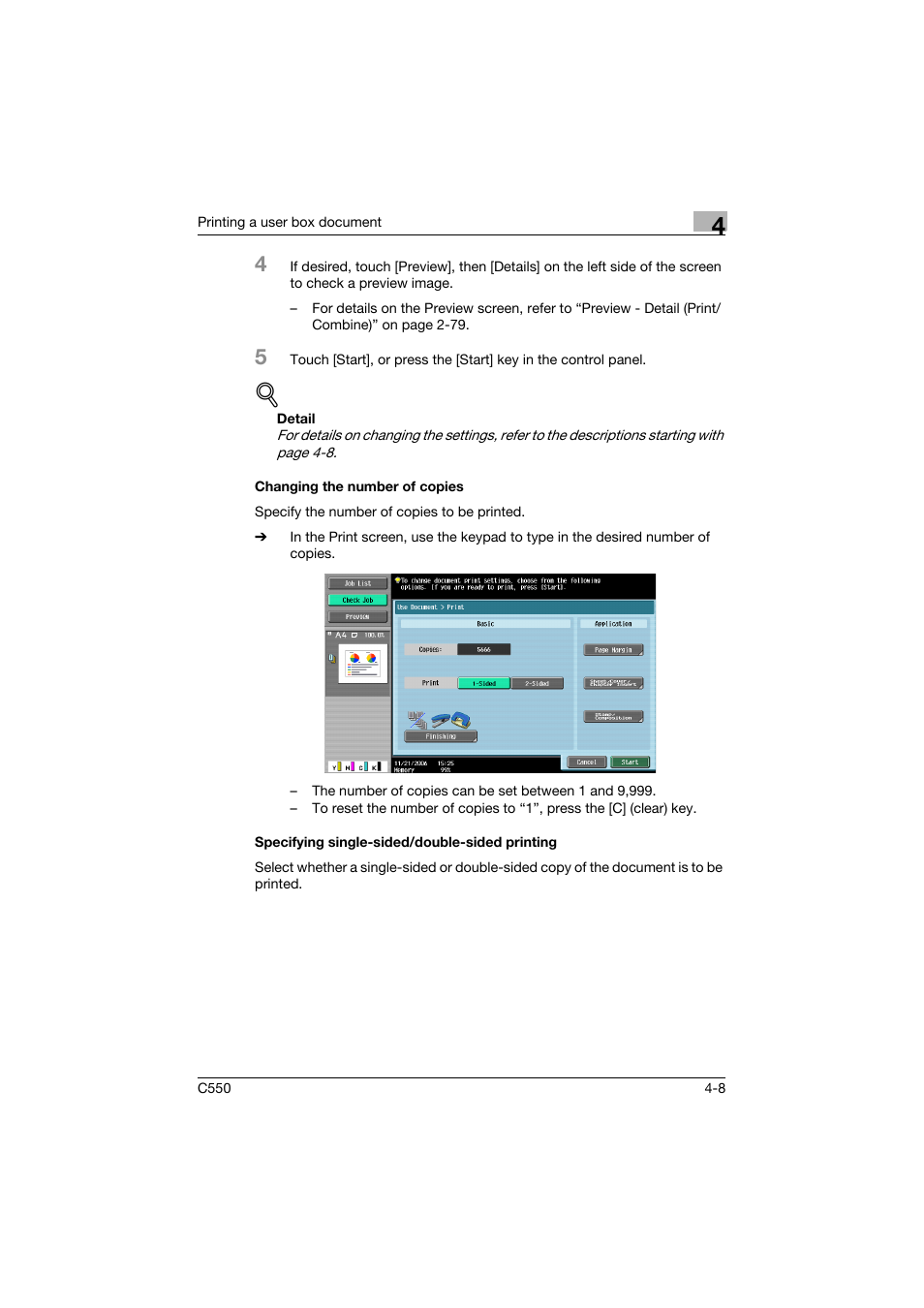 Changing the number of copies, Specifying single-sided/double-sided printing, P. 4-8 | Konica Minolta bizhub C550 User Manual | Page 145 / 359
