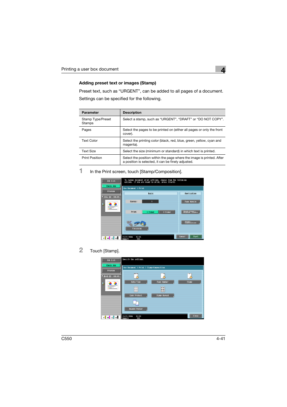 Adding preset text or images (stamp), Adding preset text or images (stamp) -41 | Konica Minolta bizhub C550 User Manual | Page 178 / 359