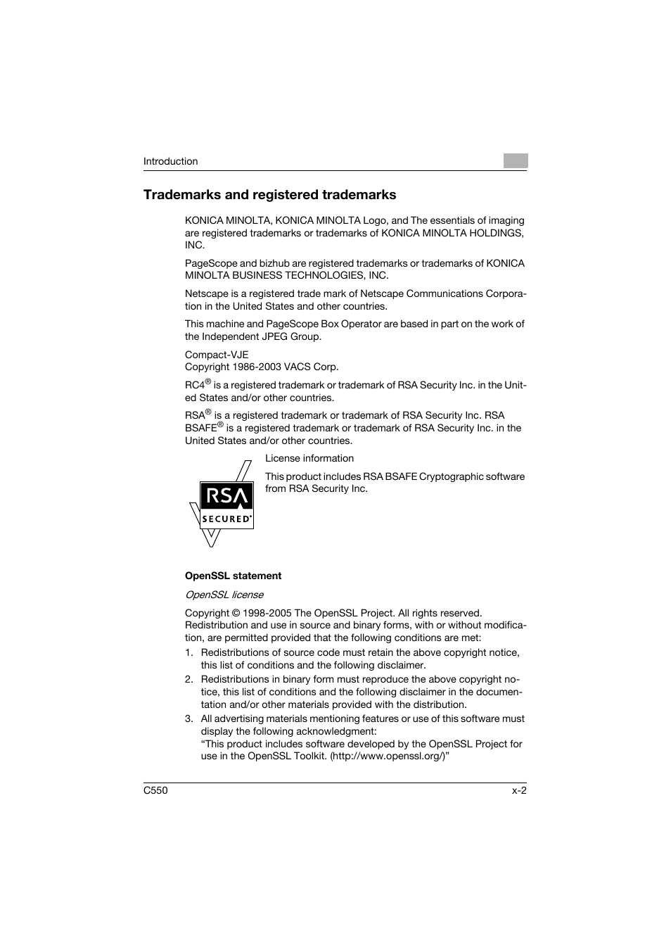 Trademarks and registered trademarks, Openssl statement | Konica Minolta bizhub C550 User Manual | Page 3 / 359