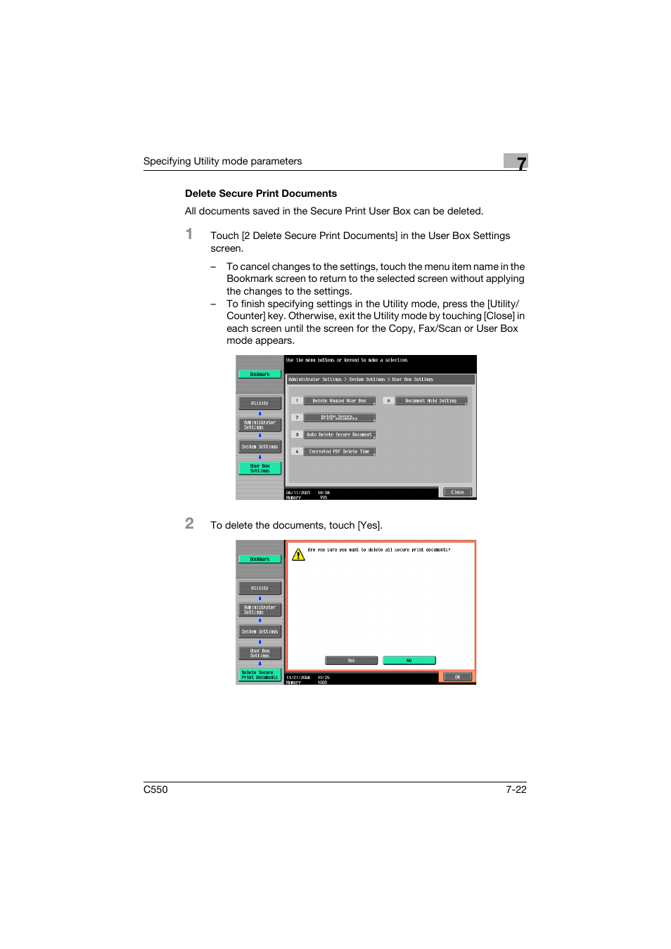 Delete secure print documents, Delete secure print documents -22 | Konica Minolta bizhub C550 User Manual | Page 319 / 359