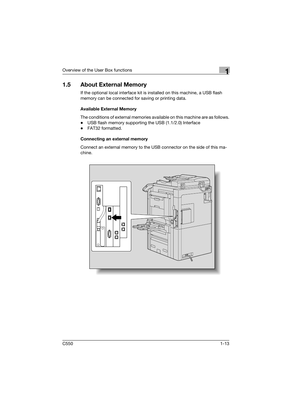 5 about external memory, Available external memory, Connecting an external memory | About external memory -13 | Konica Minolta bizhub C550 User Manual | Page 35 / 359