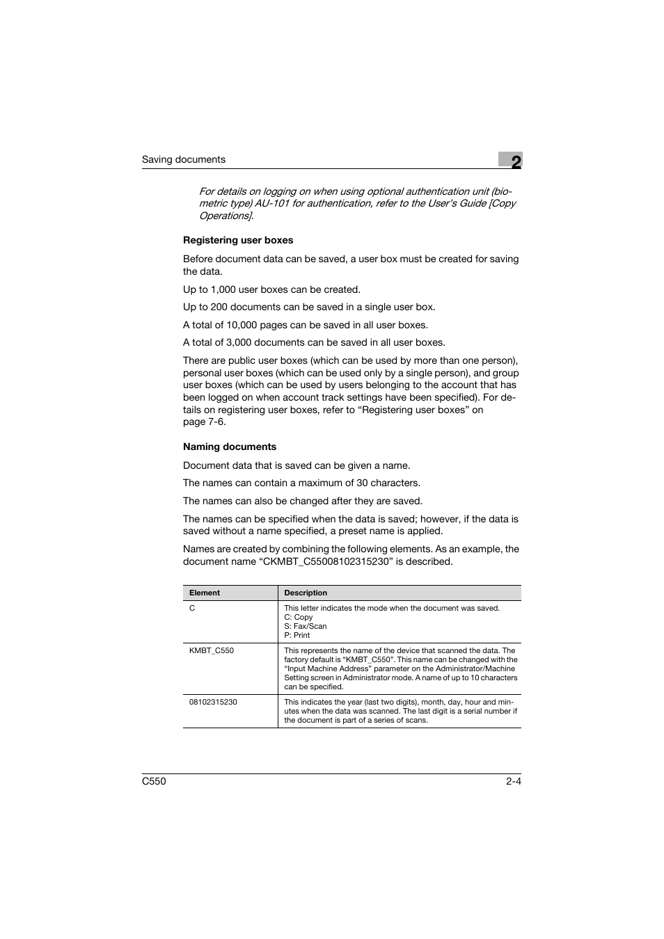 Registering user boxes, Naming documents, Registering user boxes -4 naming documents -4 | Konica Minolta bizhub C550 User Manual | Page 40 / 359