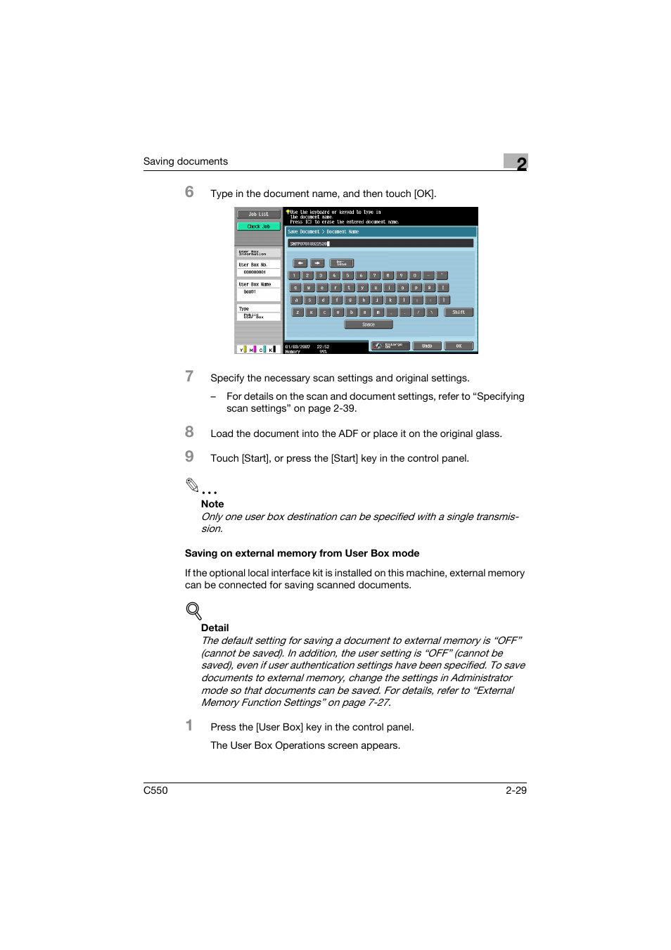Saving on external memory from user box mode, Saving on external memory from user box mode -29 | Konica Minolta bizhub C550 User Manual | Page 65 / 359