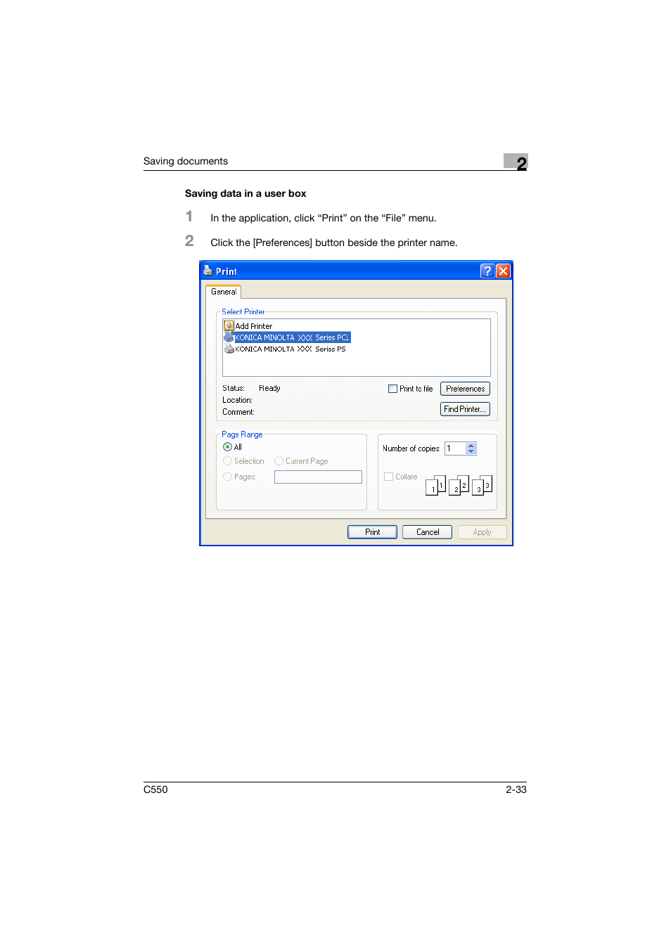 Saving data in a user box, Saving data in a user box -33 | Konica Minolta bizhub C550 User Manual | Page 69 / 359