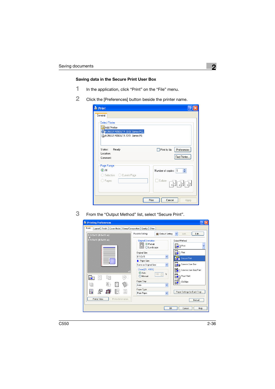 Saving data in the secure print user box, Saving data in the secure print user box -36 | Konica Minolta bizhub C550 User Manual | Page 72 / 359