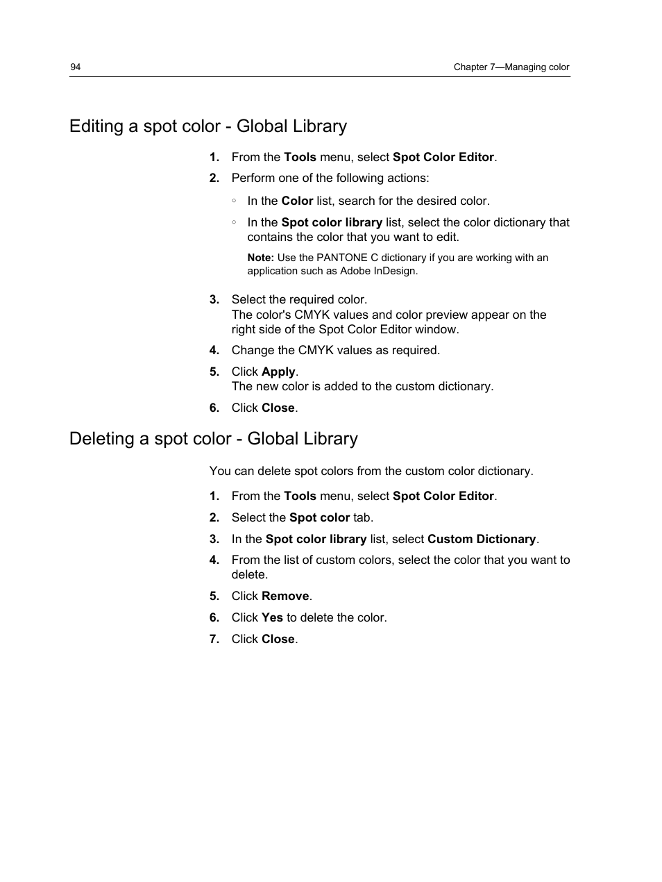 Editing a spot color - global library, Deleting a spot color - global library | Konica Minolta bizhub PRESS C1060 User Manual | Page 104 / 270