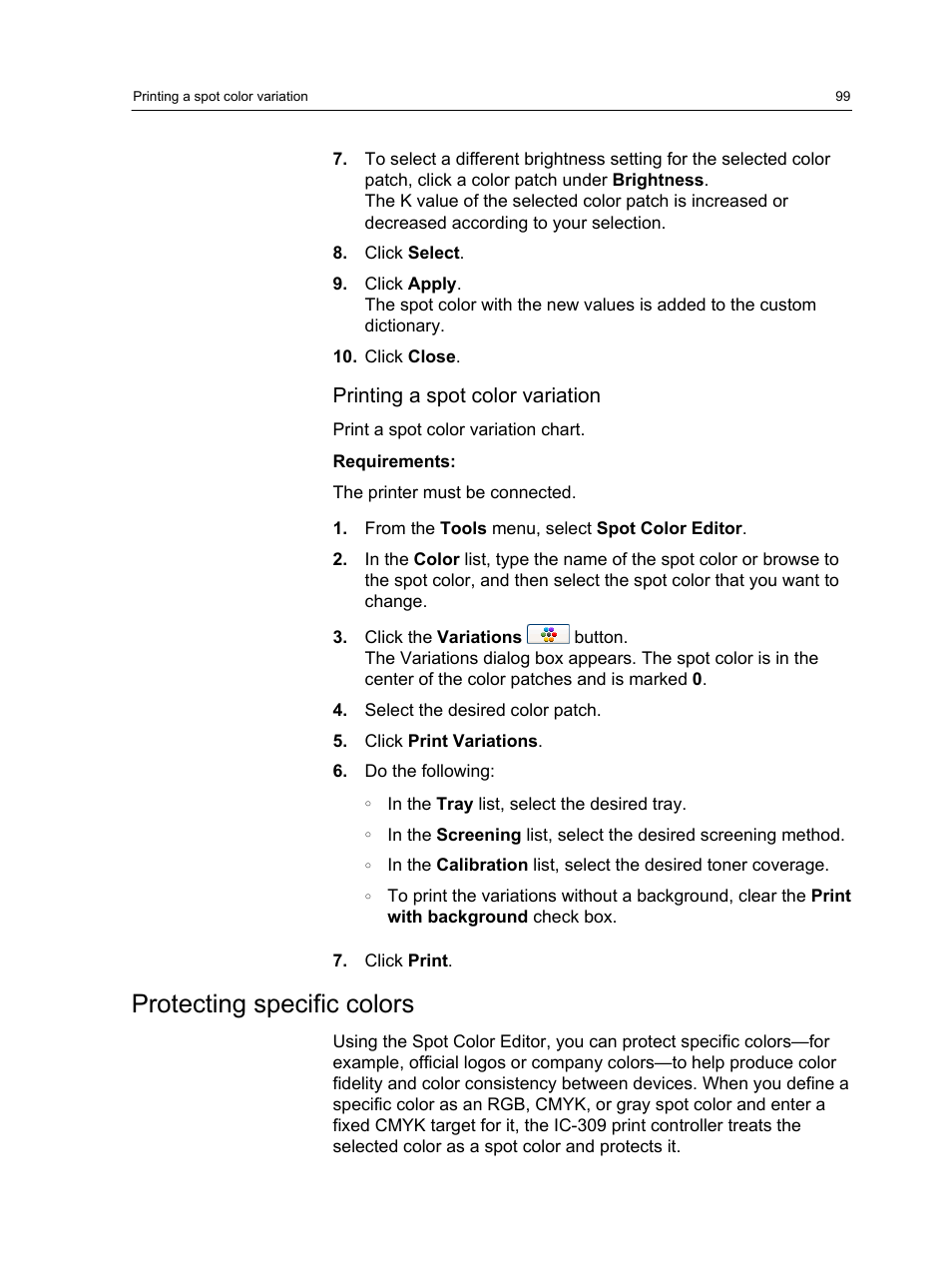 Printing a spot color variation, Protecting specific colors | Konica Minolta bizhub PRESS C1060 User Manual | Page 109 / 270