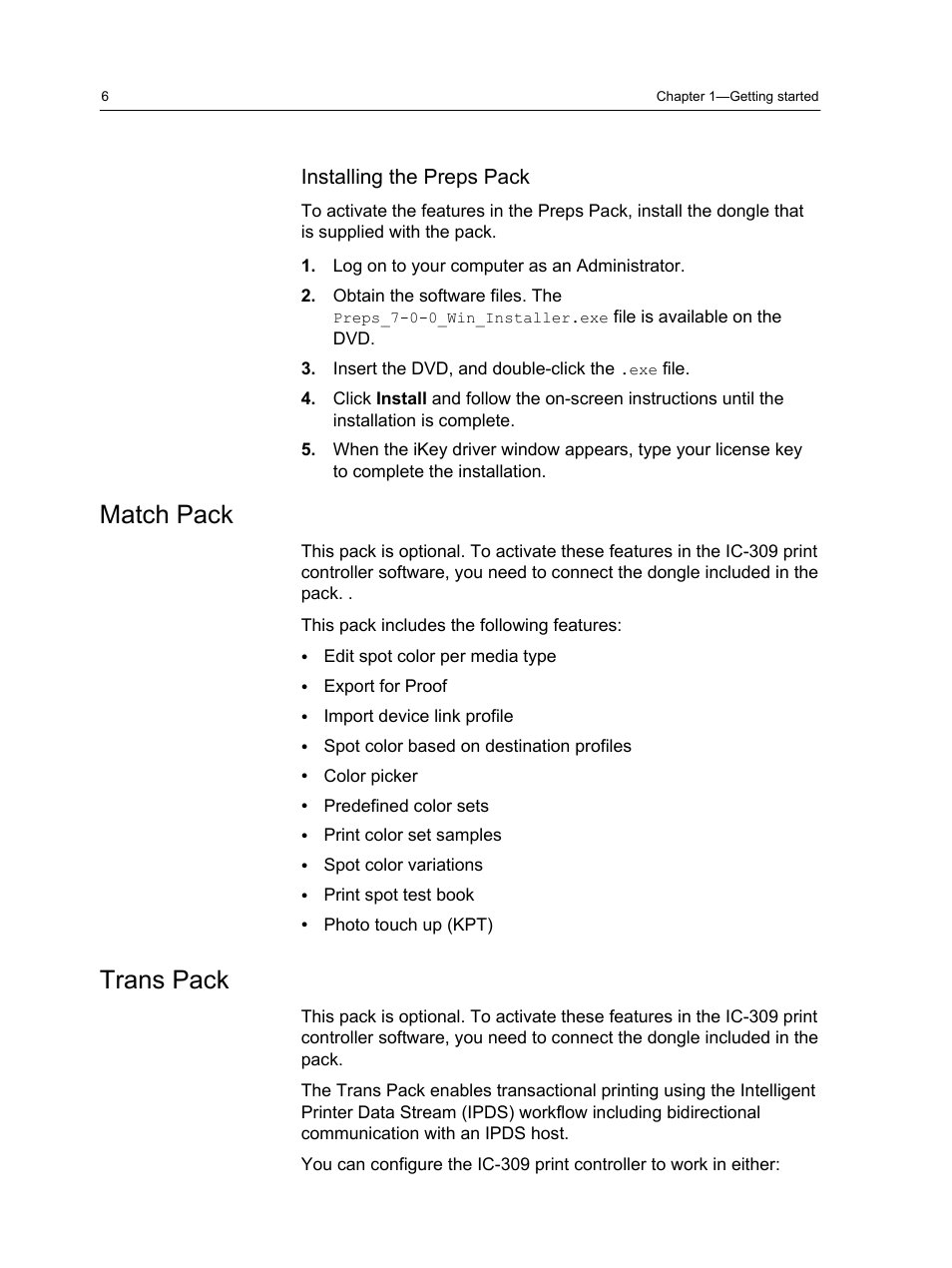 Installing the preps pack, Match pack, Trans pack | Match pack trans pack | Konica Minolta bizhub PRESS C1060 User Manual | Page 16 / 270