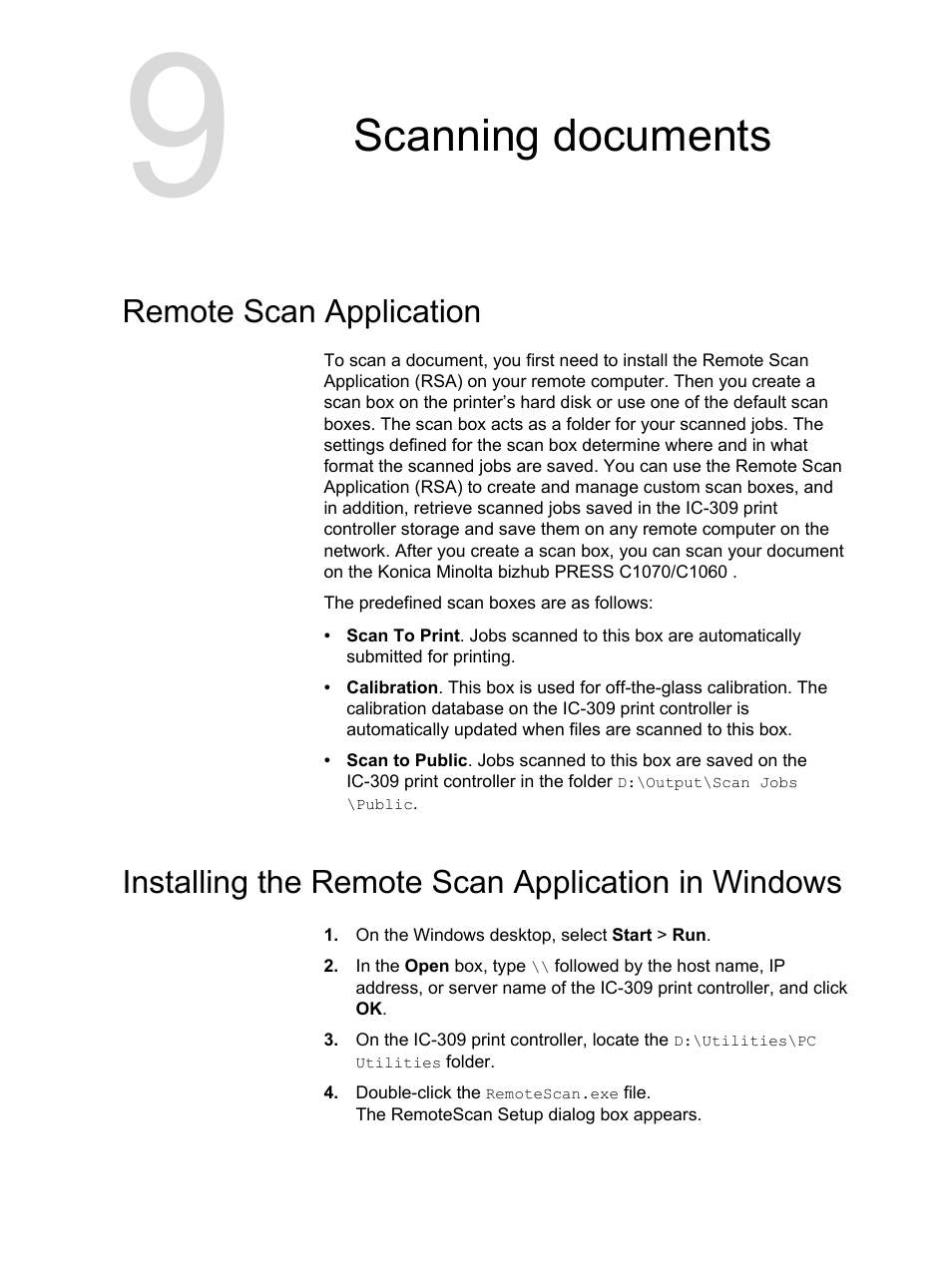 Scanning documents, Remote scan application, Installing the remote scan application in windows | Konica Minolta bizhub PRESS C1060 User Manual | Page 171 / 270