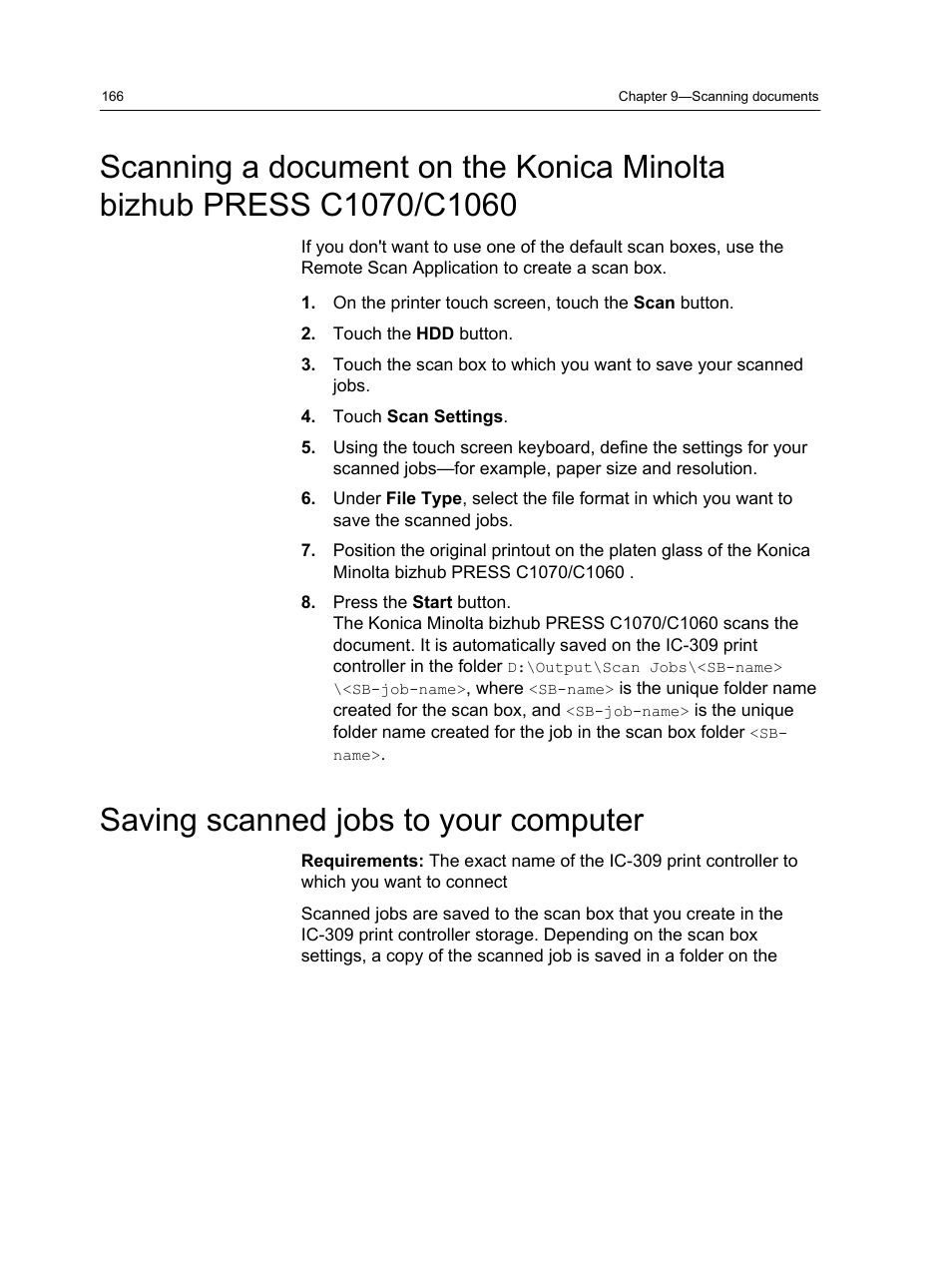 Saving scanned jobs to your computer | Konica Minolta bizhub PRESS C1060 User Manual | Page 176 / 270