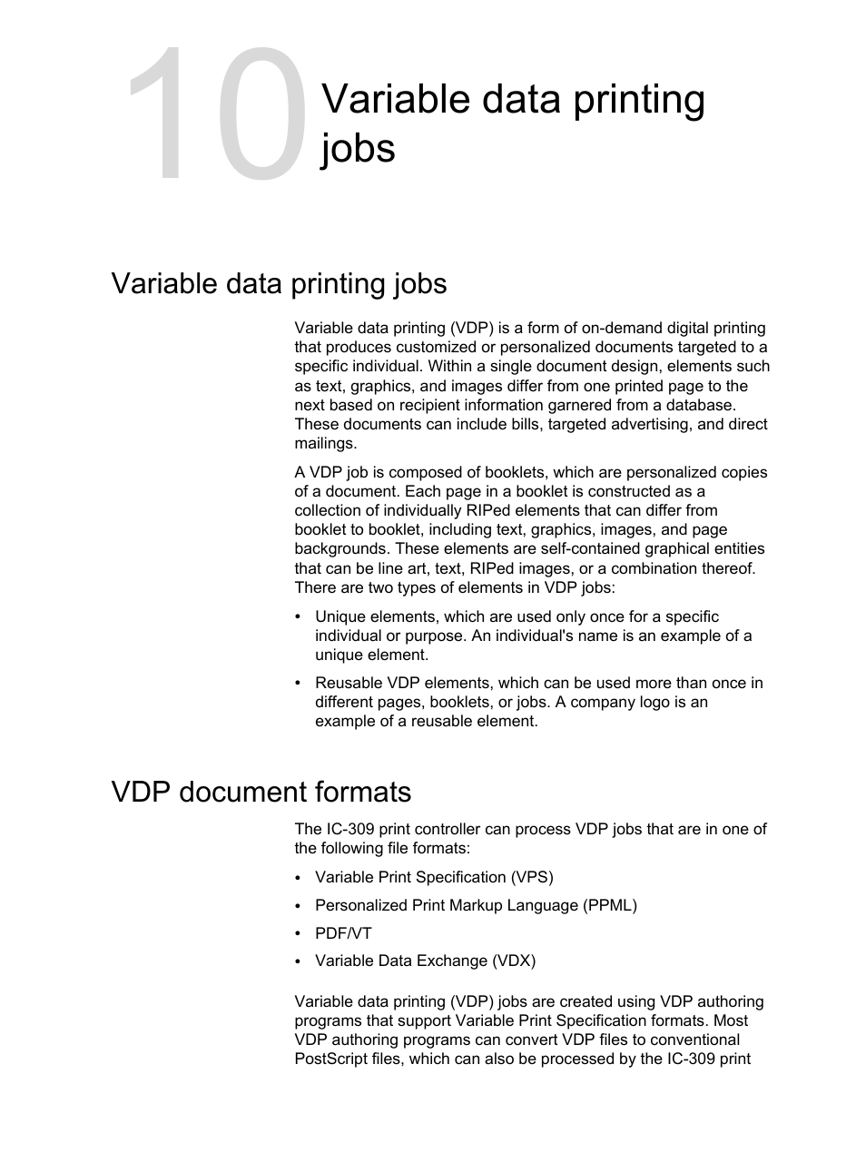 Variable data printing jobs, Vdp document formats, Variable data printing jobs vdp document formats | Konica Minolta bizhub PRESS C1060 User Manual | Page 179 / 270