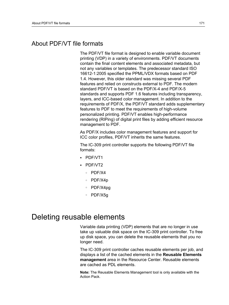 About pdf/vt file formats, Deleting reusable elements | Konica Minolta bizhub PRESS C1060 User Manual | Page 181 / 270